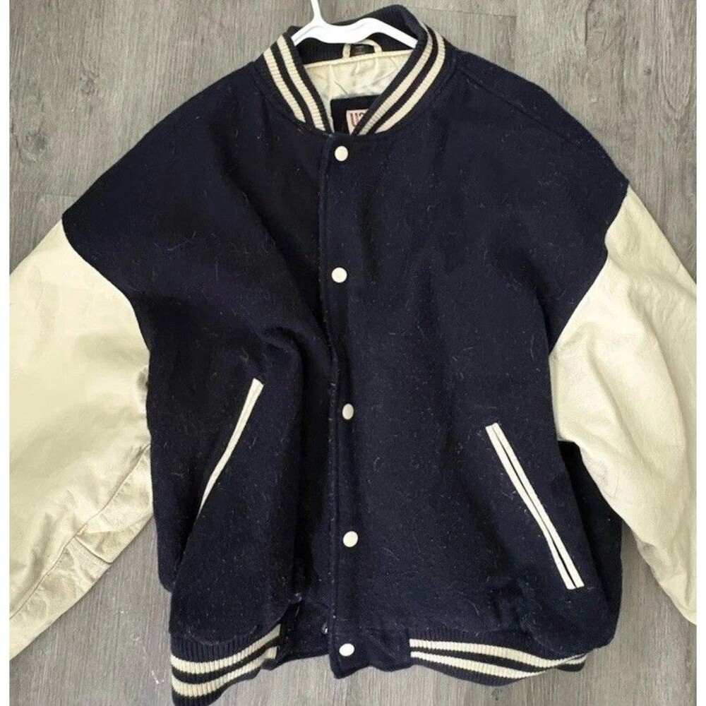Vintage 90s U2 Wear Me Out Wool Leather Varsity Bomber Jacket Snap Front Large